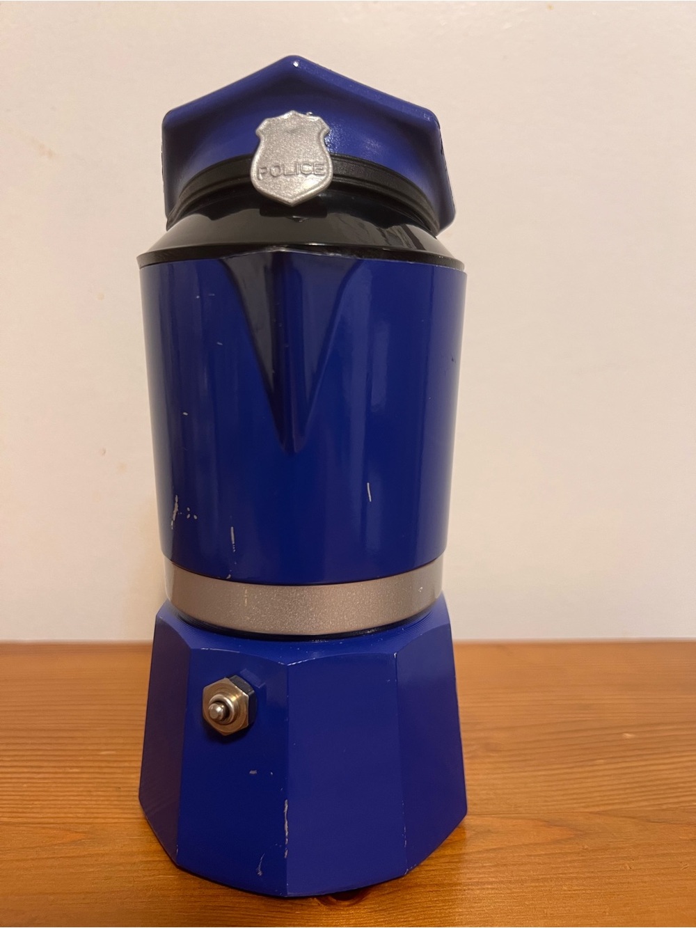 Blue Police-Themed Decorative Espresso Maker Accent